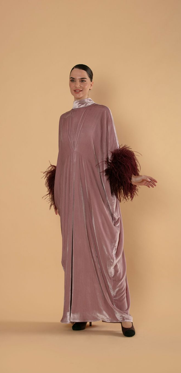 Lavender Velvet Kaftan with Feathered Sleeves